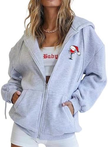 Christmas Women's Printed Zipper Long Sleeve Pocket Drawstring Casual Sports Hoodie Sweatshirt for Teens