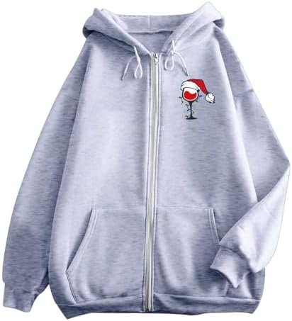 Christmas Women's Printed Zipper Long Sleeve Pocket Drawstring Casual Sports Hoodie Sweatshirt for Teens