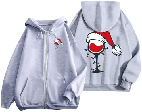 Christmas Women's Printed Zipper Long Sleeve Pocket Drawstring Casual Sports Hoodie Sweatshirt for Teens