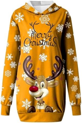 Women's Christmas Printed Long Sleeved Hooded Sweatshirt with Pocket Hoodie Pullover Dress Hoodie Women New Years