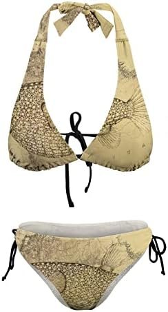 Swimsuit Women V-Neck Underwater World Life Map Tops Bottoms Bathing Suit Holiday Removable Padding Bra Tie Back