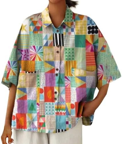 Short Sleeve Dress for Women Women's Linen Shirts Lapel Neck Button Pocketed Tops Casual Tees Blouses